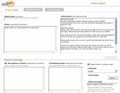 Figure 5. WebSort study setup screen.