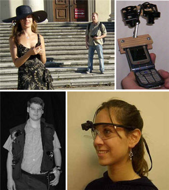 Figure 1. Previous systems (from left to right, top to bottom): Reichl et al.'s (2007) hat-worn system with moderator-controlled shooting, Schusteritsch et al.'s (2007) system for attaching minicameras to a mobile phone, Lyons and Starner's (2001) vest-worn multi-camera system, and Applied Science Laboratories' (2008) forehead camera