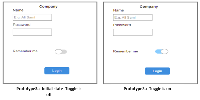 Screenshot of a UI toggle and a login button for "Company." The final screen shows the blue toggle "Remember Me" selected.
