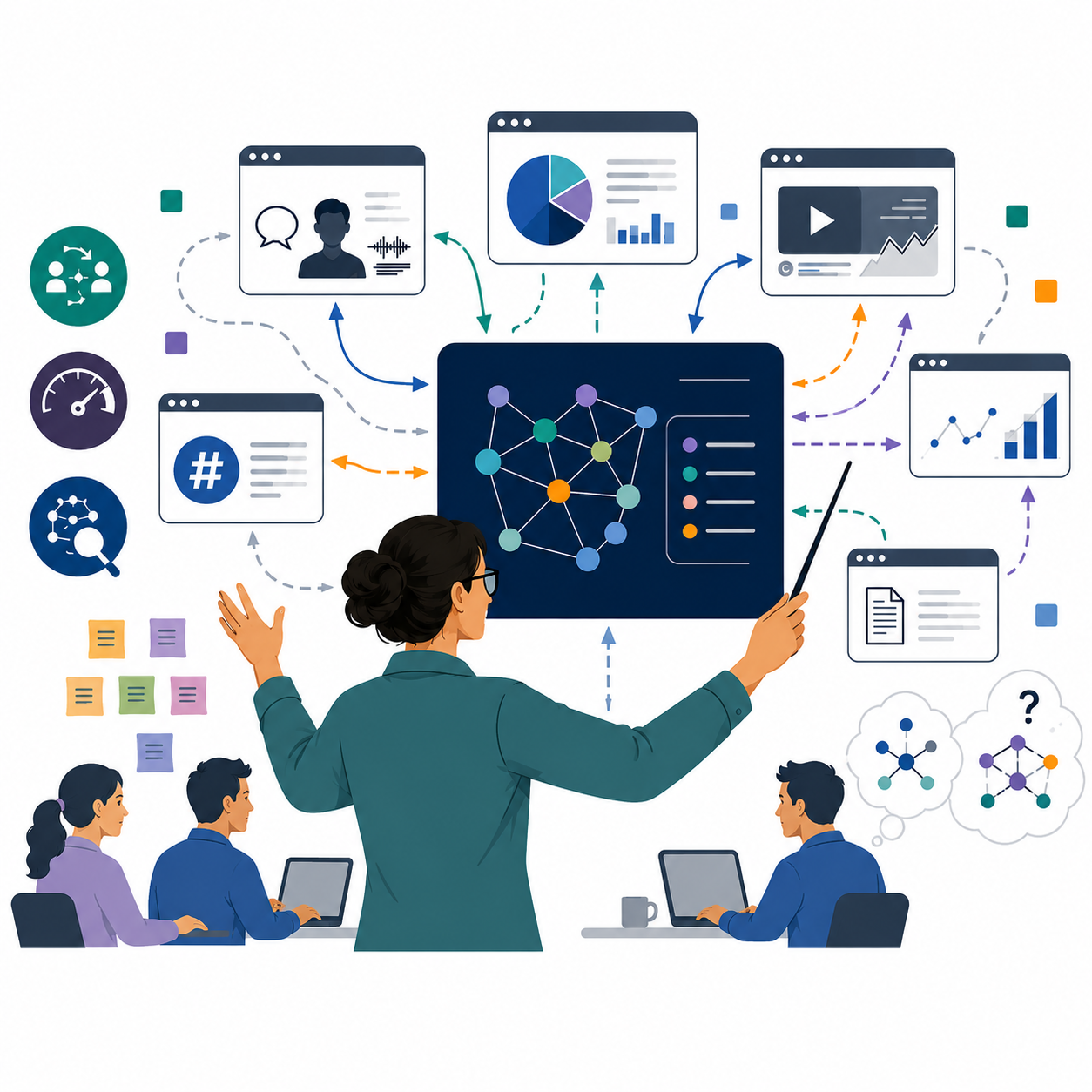 Illustration of a UX research and analytics workflow. A facilitator stands in the center, presenting a network-style dashboard connected to multiple digital panels displaying interview data, charts, reports, and media content.