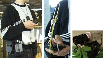 Figure 2. From left to right: All non-camera equipment attaches to a black leather belt worn by the user. In this setup the front camera is in a small black box (a necklace). (b) A lightweight pole attachable to almost any mobile device can host two minicameras; one camera capturing the face of the user, the other camera capturing the events on the display and keyboard. (c) Environmental cameras allow for higher quality third-person views. The receiver switches to the nearest camera automatically based on signal strength.