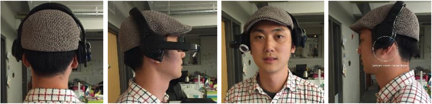 Series of 4 photos showing a person wearing the eye tracking device.