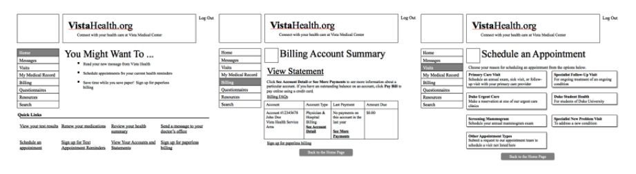 three screenshots with the following titles: you might want to, billing account summary, and schedule an appointment