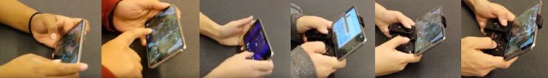 Group of six photos showing someone holding the device in the different use contexts.