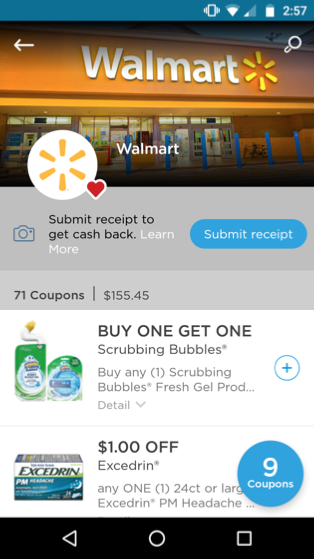 Screenshot of Walmart cash-back offers.