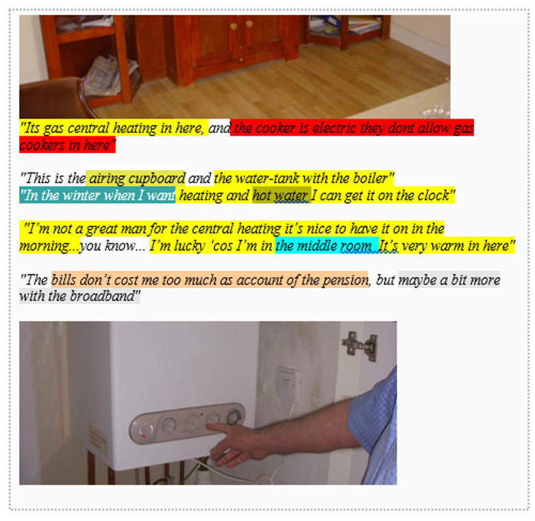 Two photos: cupboard location and heater location. Transcribed quotes are between the photos.