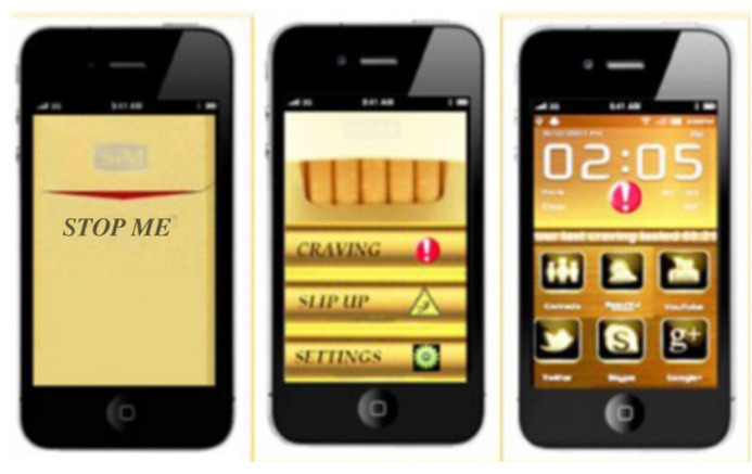 A series of screenshots of an app on a smartphone: first looks similar to a cigarette pack and has "stop me" on the pack, second the pack is opening with "craving, slip up, and settings" on it, and the third has some settings.