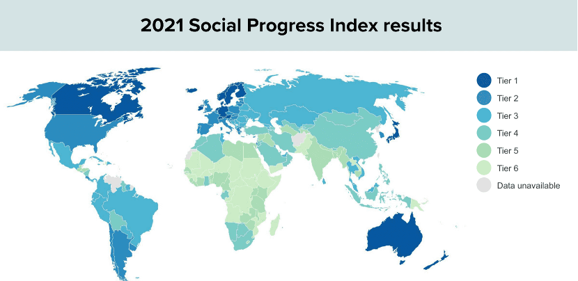 The Social Progress Index results (2021). Tier 1 includes countries like Norway, Canada, and Japan; Tier 5 includes countries like Egypt, India, and Uganda. United Kingdom and United States are Tier 2.