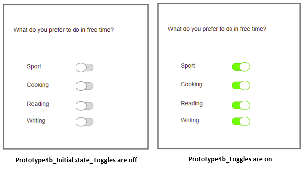 Screenshot of multiple UI toggles with color for "What do you prefer to do in free time?" The final screen shows all green toggles.