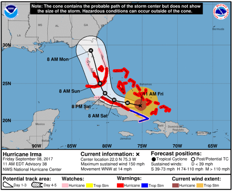 Screenshot of NHC Cone of Uncertainty for Hurricane Irma.
