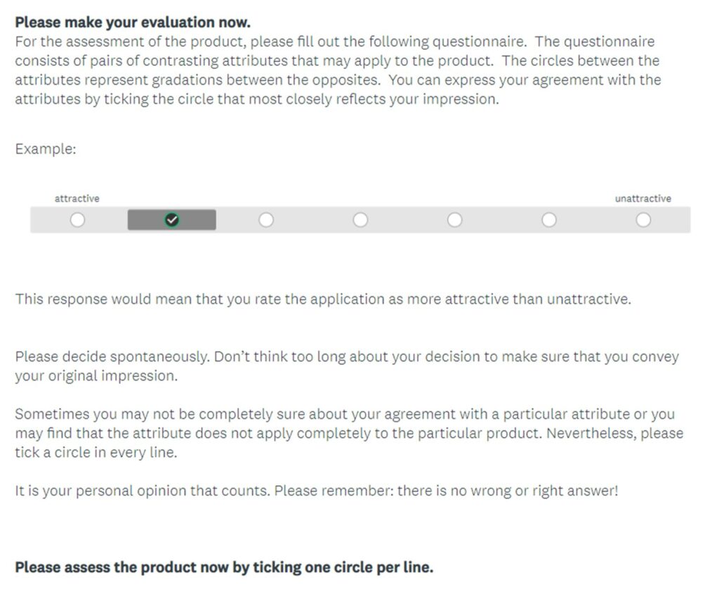 Screenshot of a UEQ survey showing the adjective pair attractive/unattractive on a scale enabled for users to check a point on or between the adjectives.