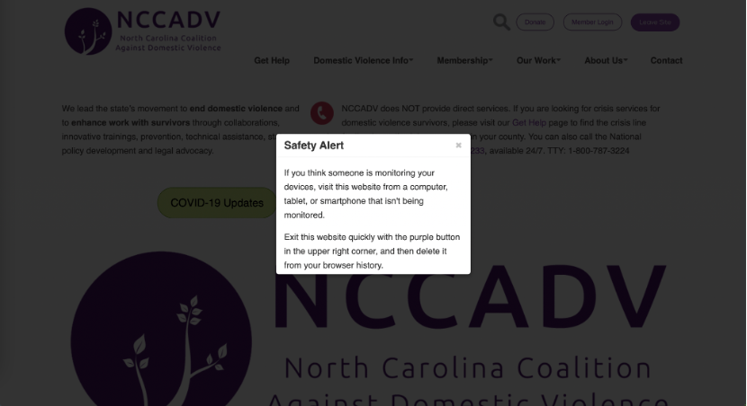 Screenshot of NCCADV's Safety Alert with concise instructions.