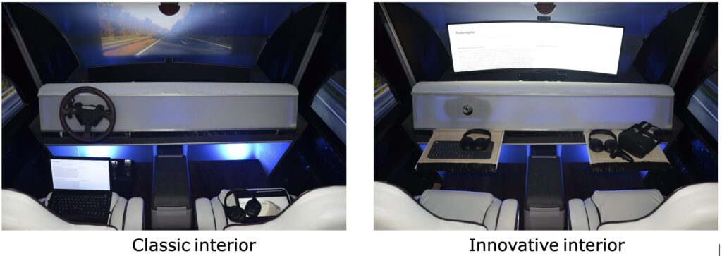 Two photos showing a classic interior on the left with a steering wheel and the innovative interior on the right with equipment elements.