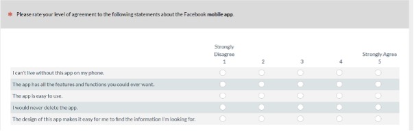 Screenshot of a survey with the 5 items of SUPR-Qm V2.