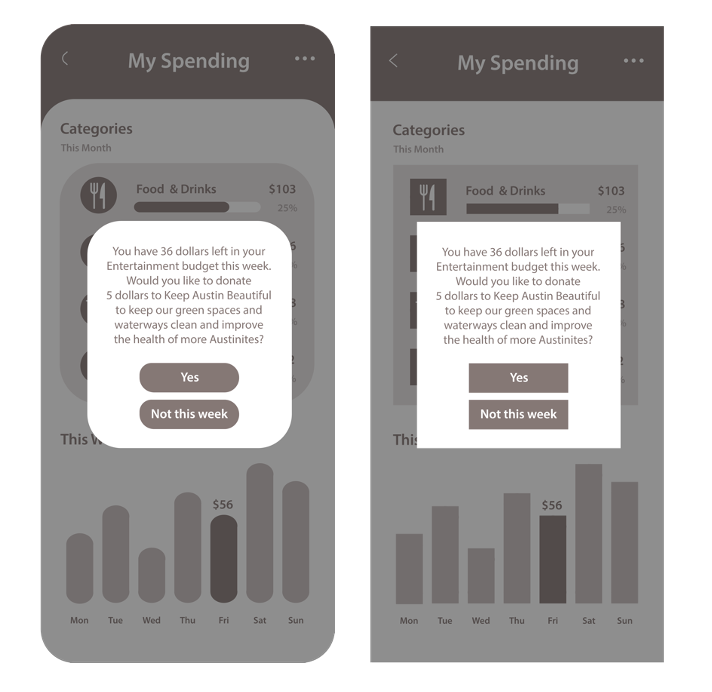 Screenshot of the donation request in a curved shape side-by-side with a screenshot of the donation request in a rectilinear shape.