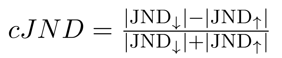 cJND equals absolute JND decrease minus absolute JND increase, over the sum of those two absolute values.