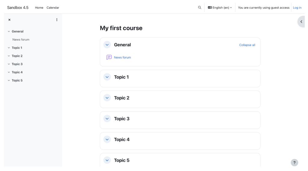 Screenshot of the Moodle interface showing My first course and Topics. The interface is mostly black, white, and gray with clearly delineated features.